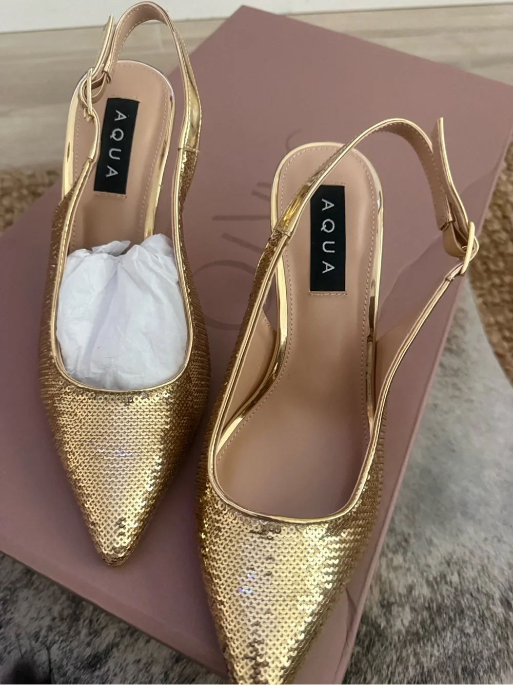 Aqua Gold Sequin Pointed Slingback Kitten Heel